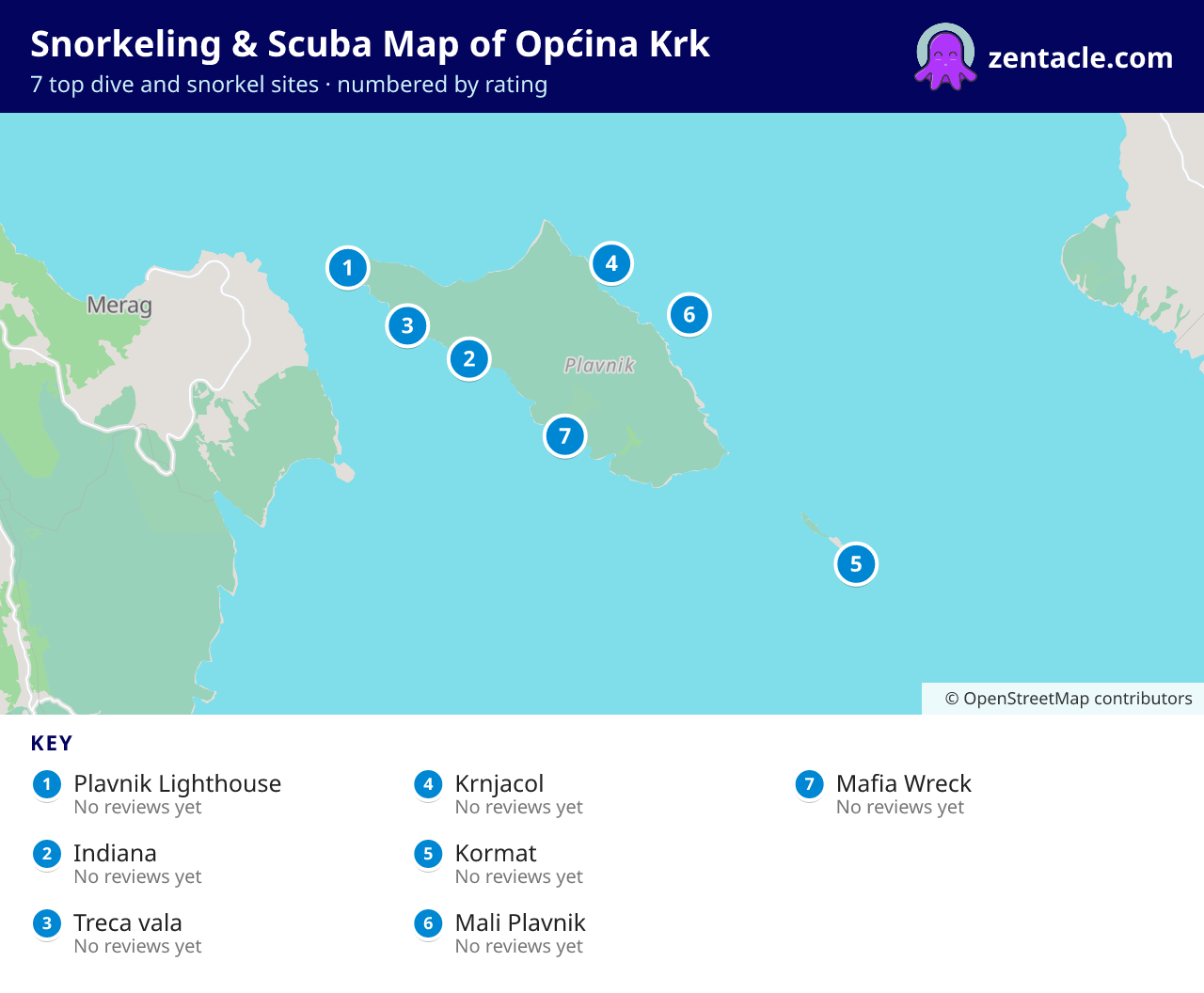 Snorkeling & Scuba Map of Općina Krk: numbered map of the top 7 dive and snorkel sites, with ratings