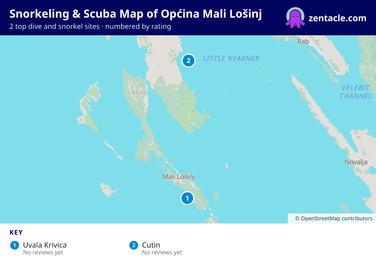 Snorkeling & Scuba Map of Općina Mali Lošinj: numbered map of the top 2 dive and snorkel sites, with ratings