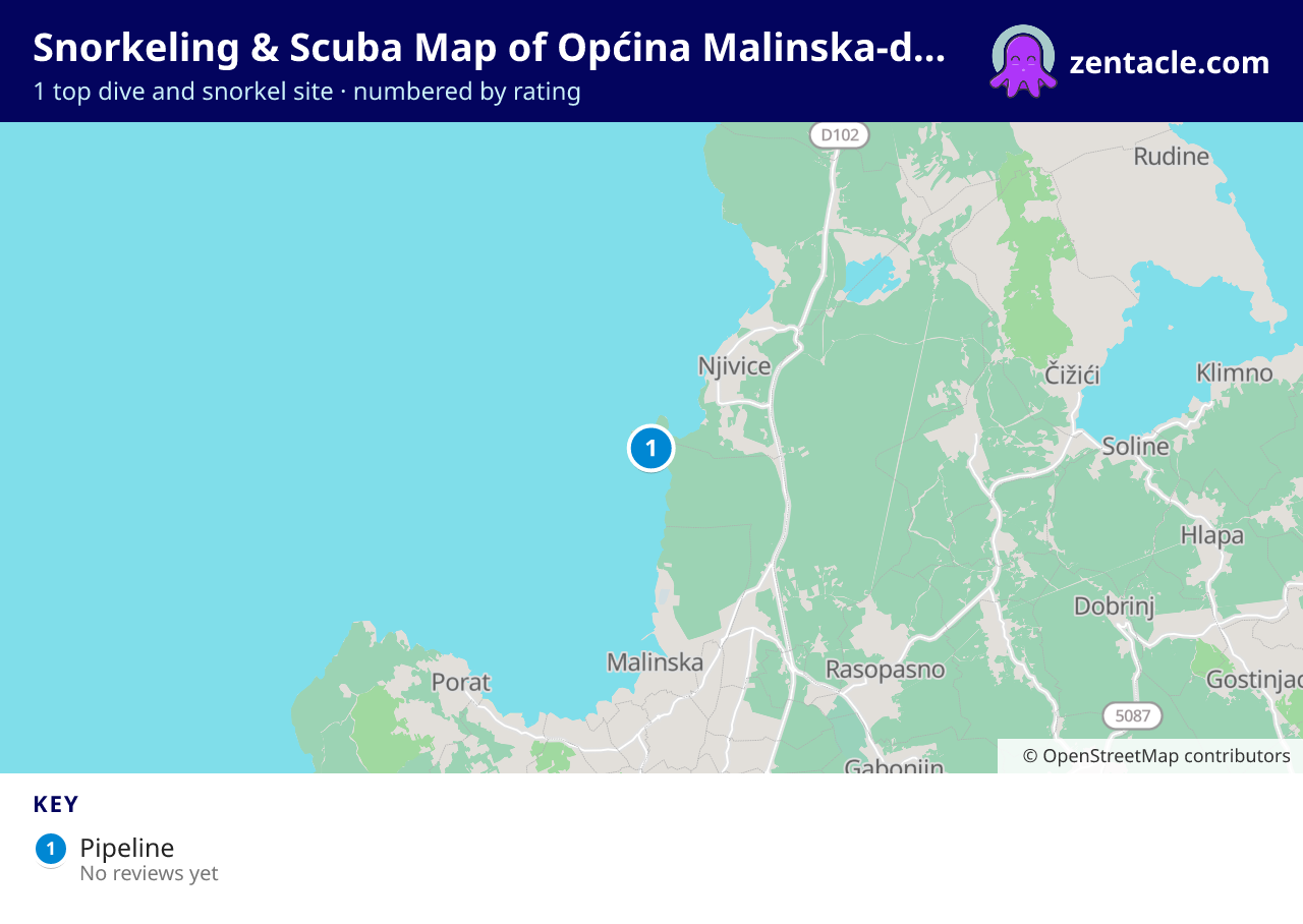 Snorkeling & Scuba Map of Općina Malinska-dubašnica: numbered map of the top 1 dive and snorkel sites, with ratings