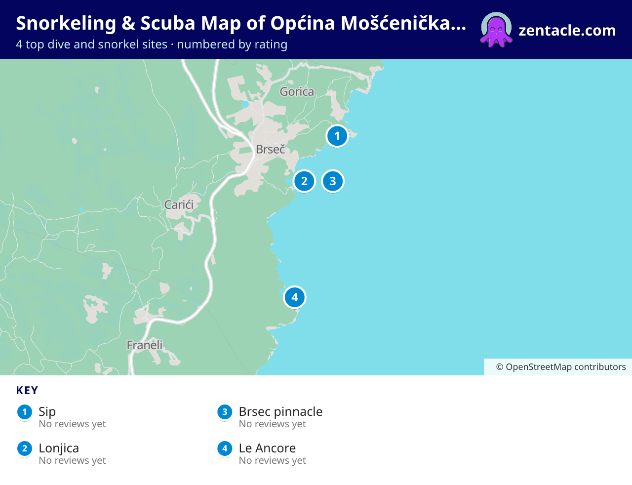 Snorkeling & Scuba Map of Općina Mošćenička Draga: numbered map of the top 4 dive and snorkel sites, with ratings