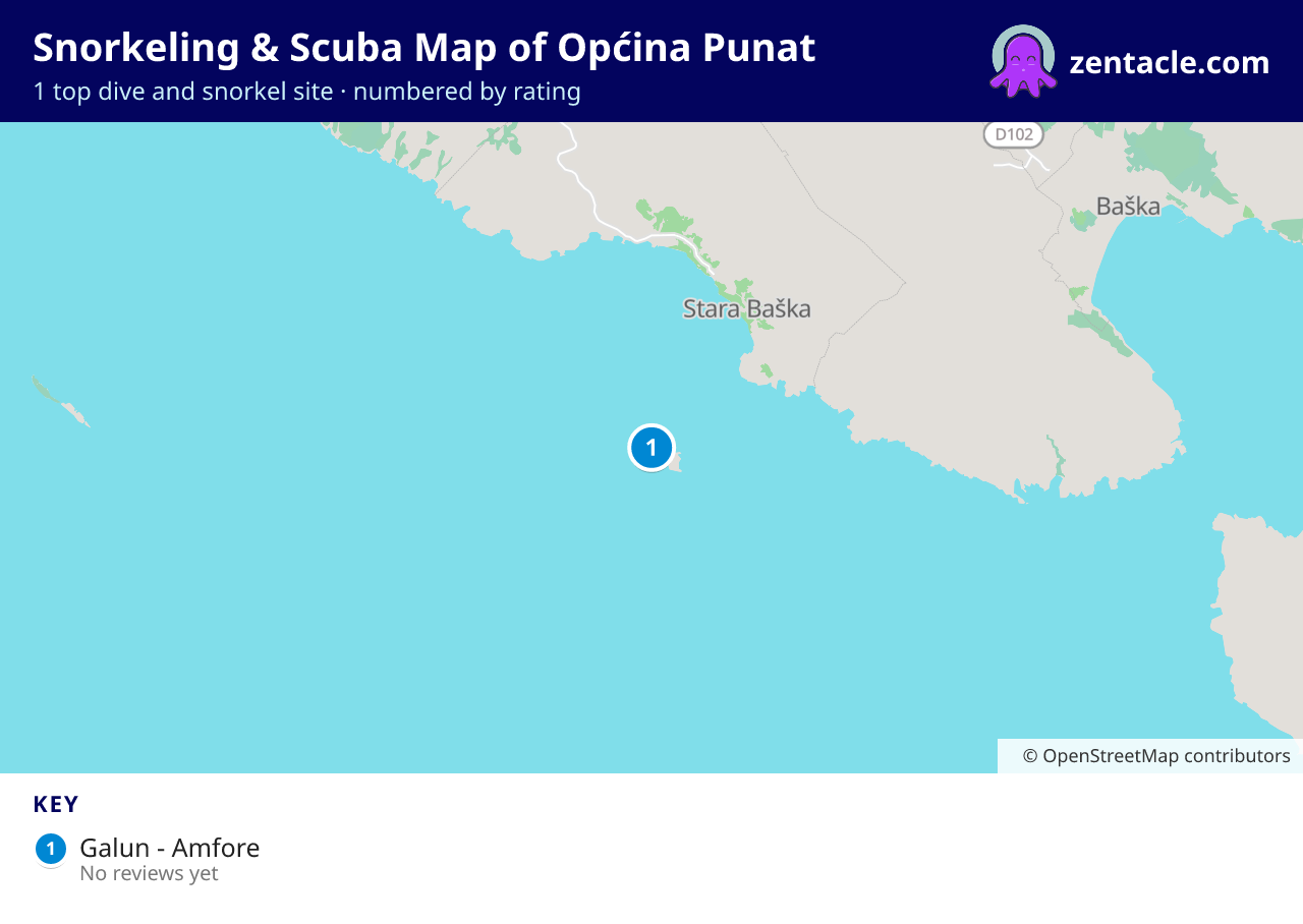 Snorkeling & Scuba Map of Općina Punat: numbered map of the top 1 dive and snorkel sites, with ratings