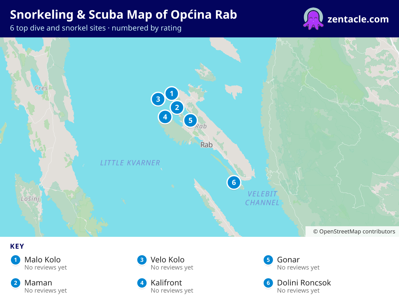 Snorkeling & Scuba Map of Općina Rab: numbered map of the top 6 dive and snorkel sites, with ratings