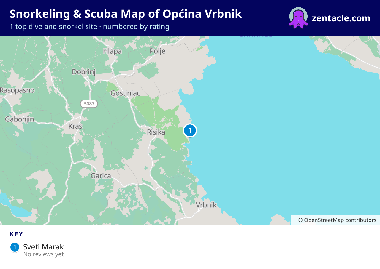 Snorkeling & Scuba Map of Općina Vrbnik: numbered map of the top 1 dive and snorkel sites, with ratings