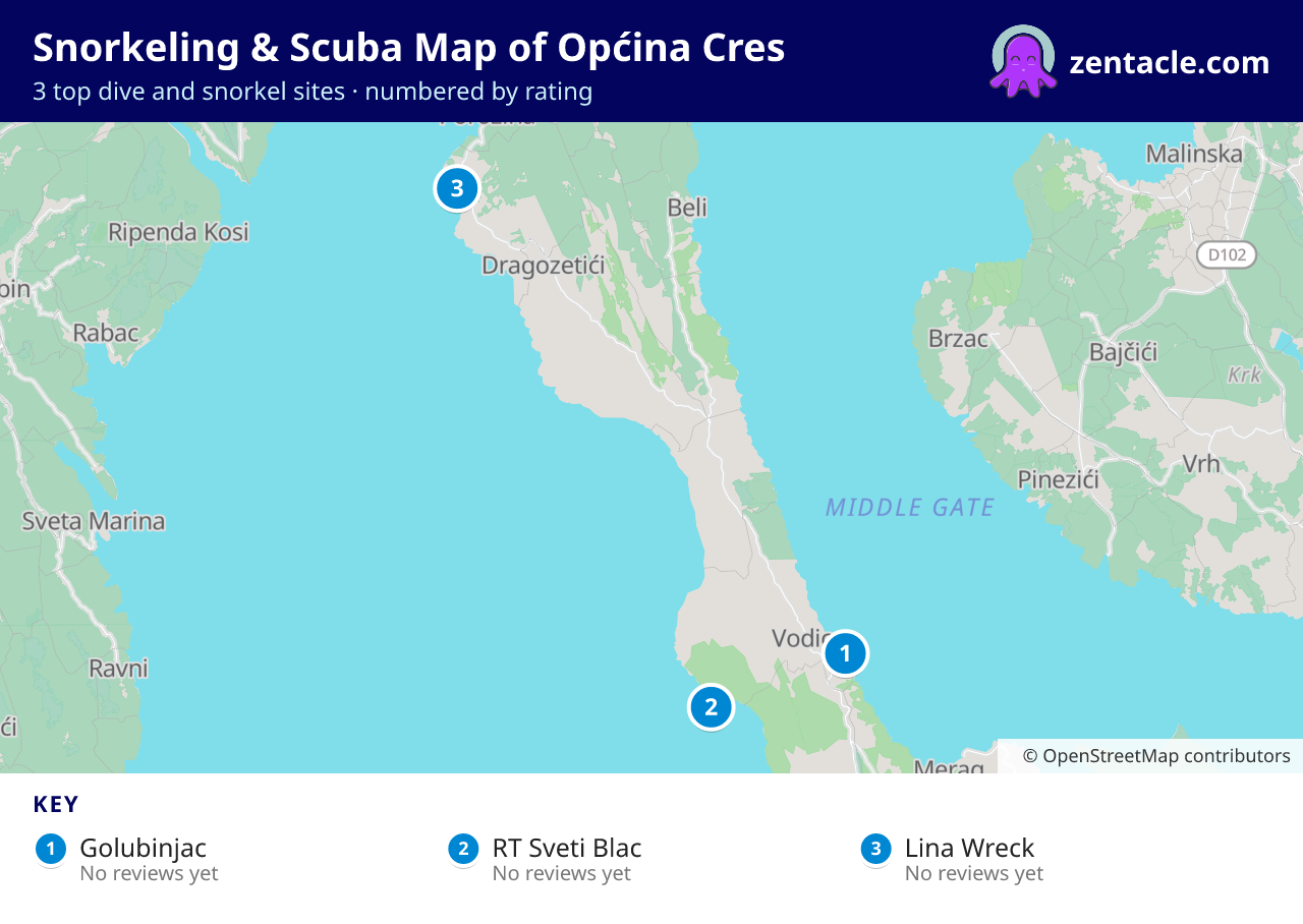 Snorkeling & Scuba Map of Općina Cres: numbered map of the top 3 dive and snorkel sites, with ratings