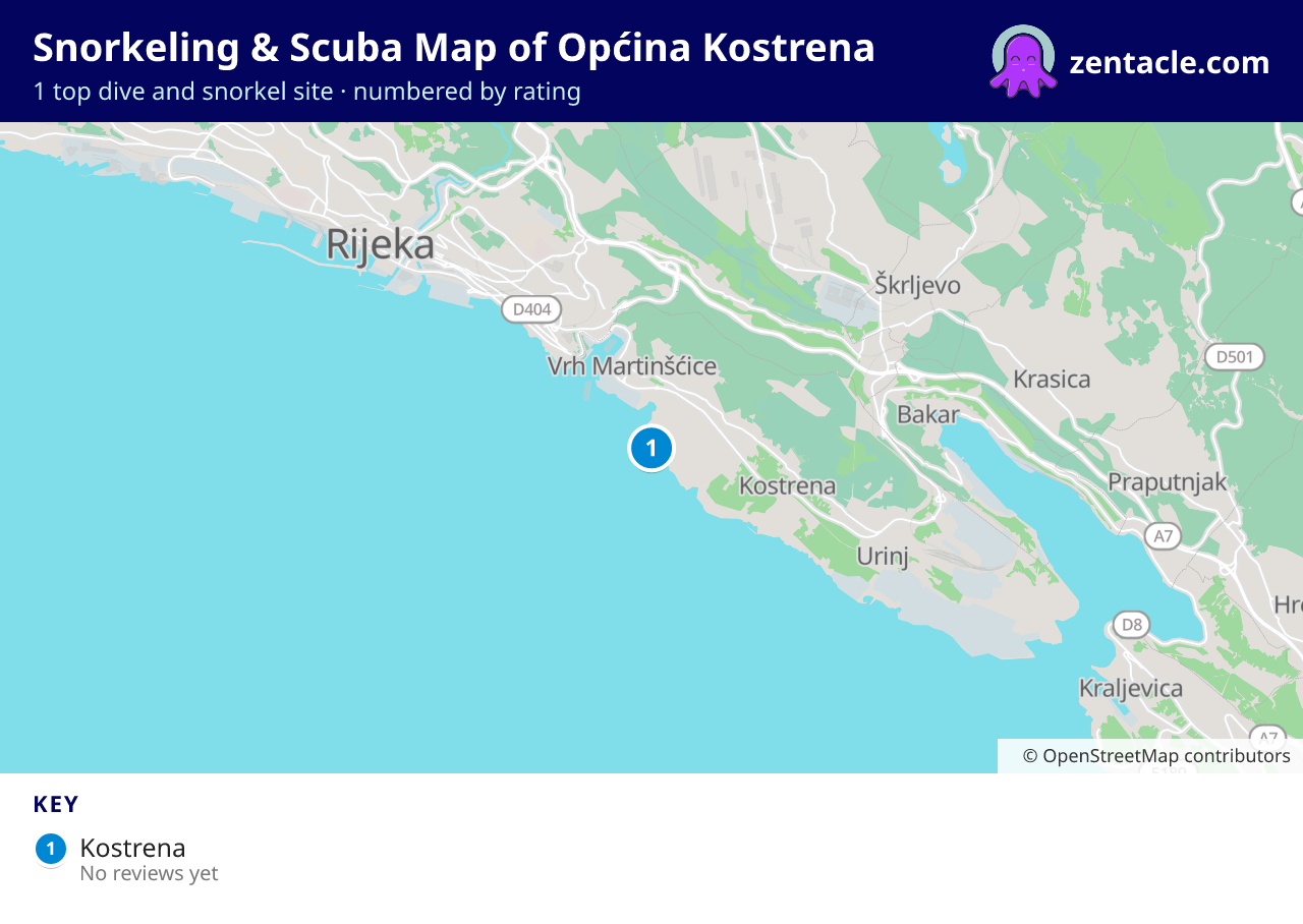 Snorkeling & Scuba Map of Općina Kostrena: numbered map of the top 1 dive and snorkel sites, with ratings