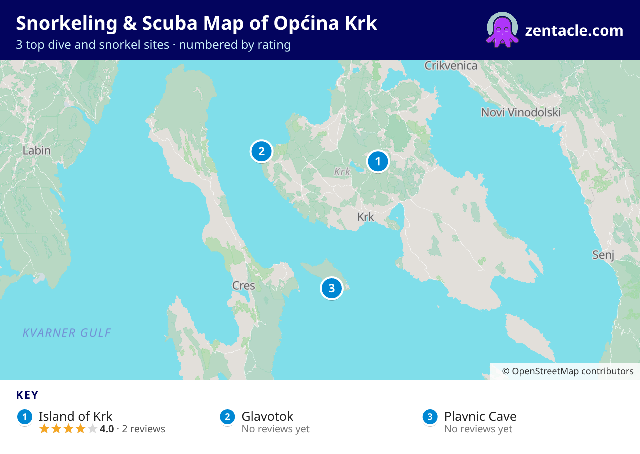 Snorkeling & Scuba Map of Općina Krk: numbered map of the top 3 dive and snorkel sites, with ratings