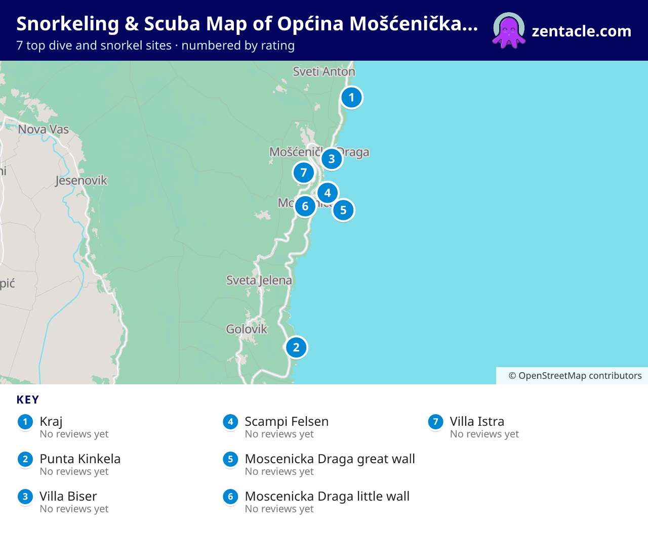 Snorkeling & Scuba Map of Općina Mošćenička Draga: numbered map of the top 7 dive and snorkel sites, with ratings