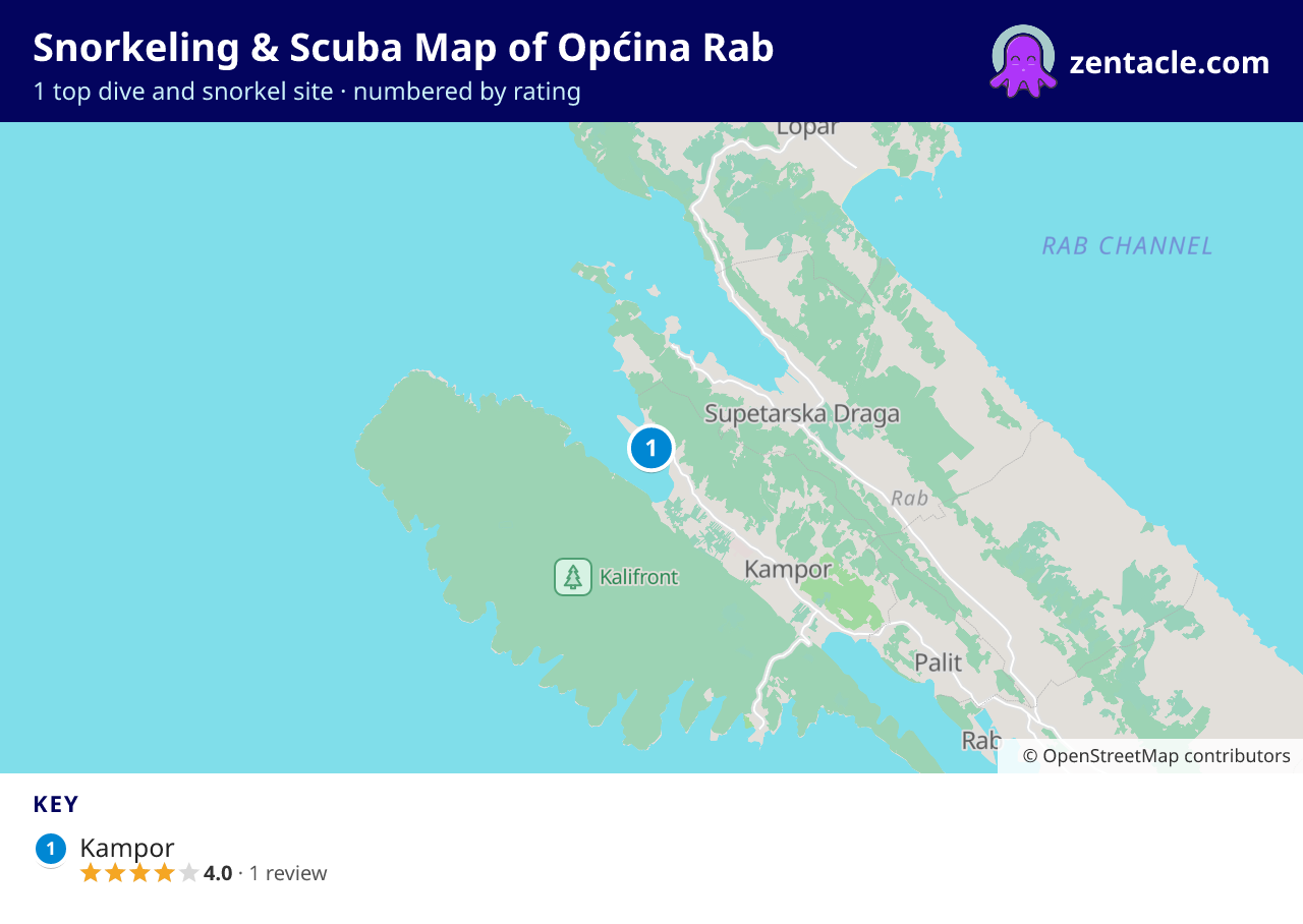 Snorkeling & Scuba Map of Općina Rab: numbered map of the top 1 dive and snorkel sites, with ratings