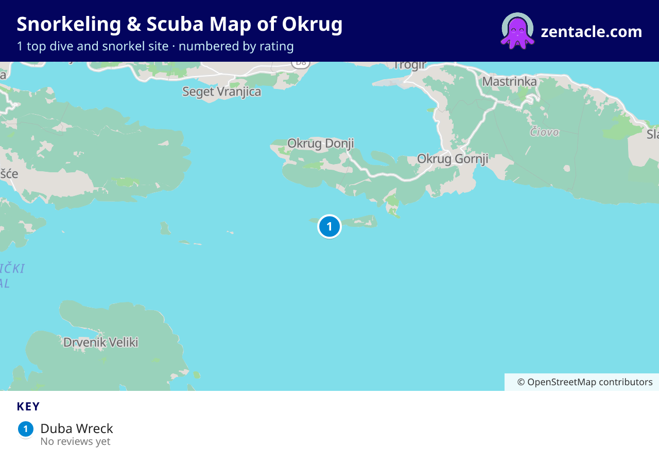 Snorkeling & Scuba Map of Okrug: numbered map of the top 1 dive and snorkel sites, with ratings
