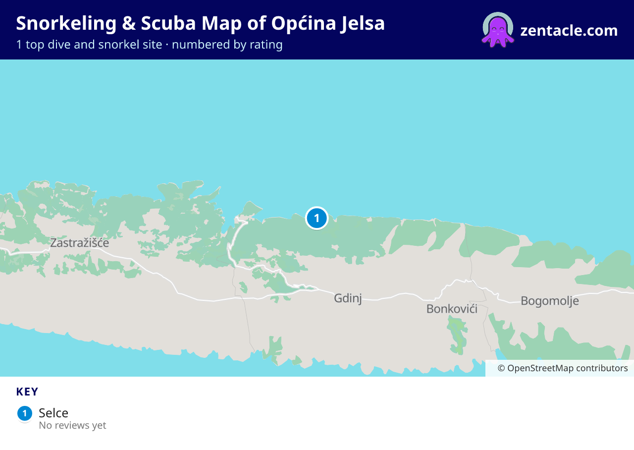 Snorkeling & Scuba Map of Općina Jelsa: numbered map of the top 1 dive and snorkel sites, with ratings