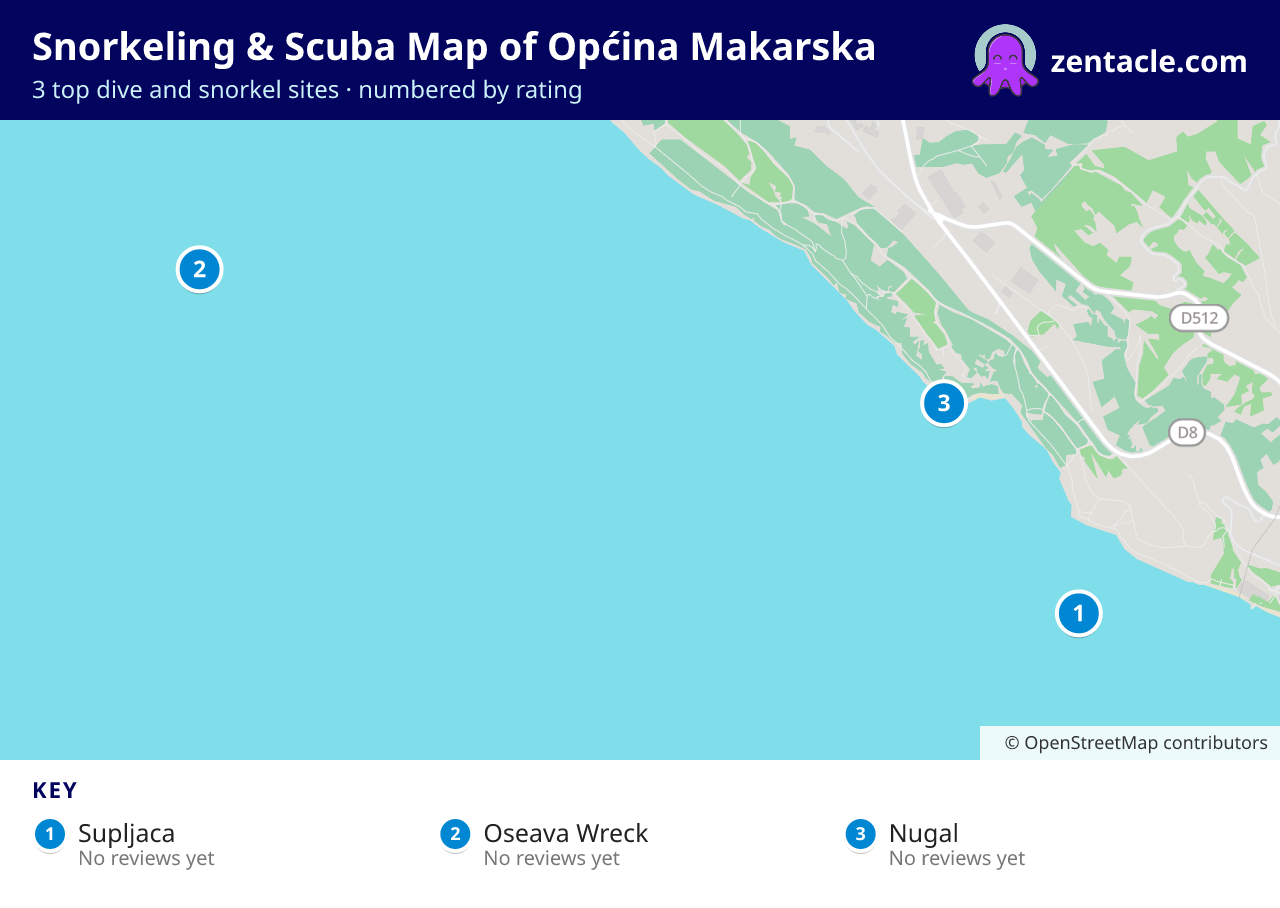 Snorkeling & Scuba Map of Općina Makarska: numbered map of the top 3 dive and snorkel sites, with ratings