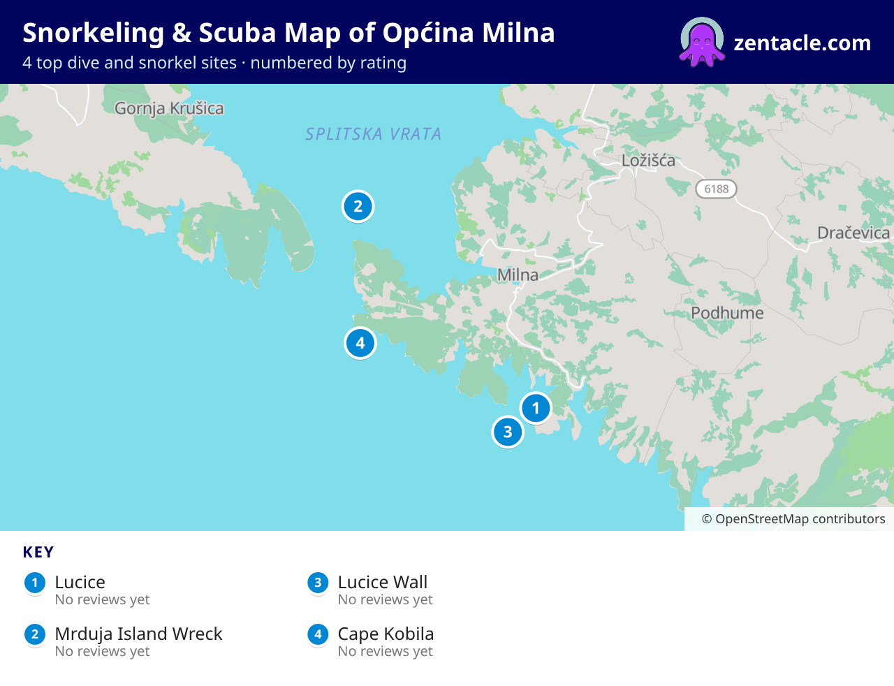 Snorkeling & Scuba Map of Općina Milna: numbered map of the top 4 dive and snorkel sites, with ratings