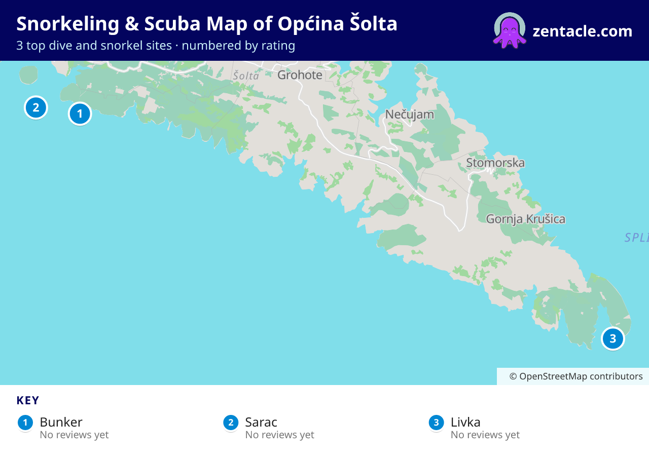 Snorkeling & Scuba Map of Općina Šolta: numbered map of the top 3 dive and snorkel sites, with ratings