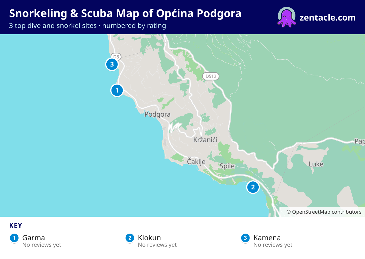 Snorkeling & Scuba Map of Općina Podgora: numbered map of the top 3 dive and snorkel sites, with ratings