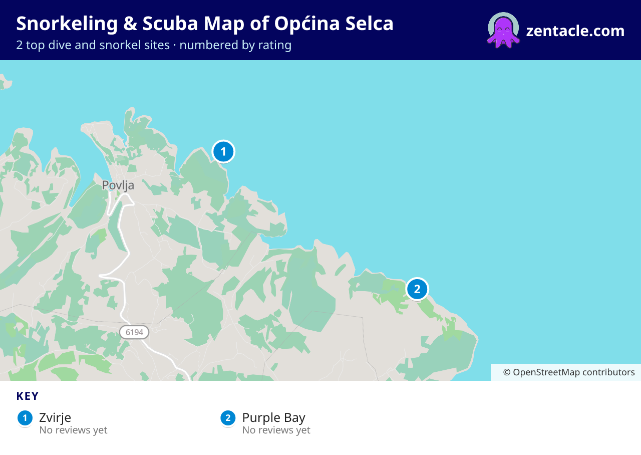 Snorkeling & Scuba Map of Općina Selca: numbered map of the top 2 dive and snorkel sites, with ratings