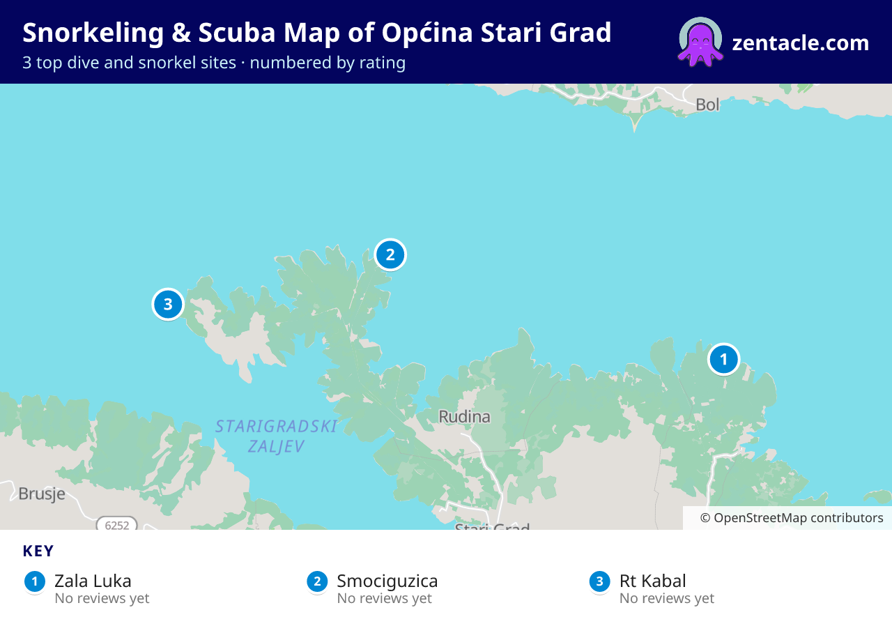 Snorkeling & Scuba Map of Općina Stari Grad: numbered map of the top 3 dive and snorkel sites, with ratings
