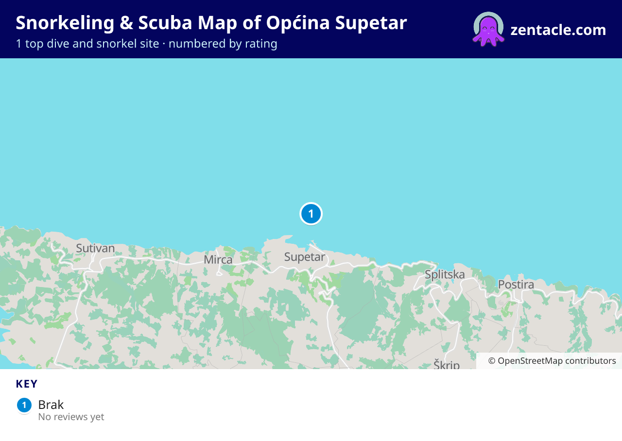 Snorkeling & Scuba Map of Općina Supetar: numbered map of the top 1 dive and snorkel sites, with ratings