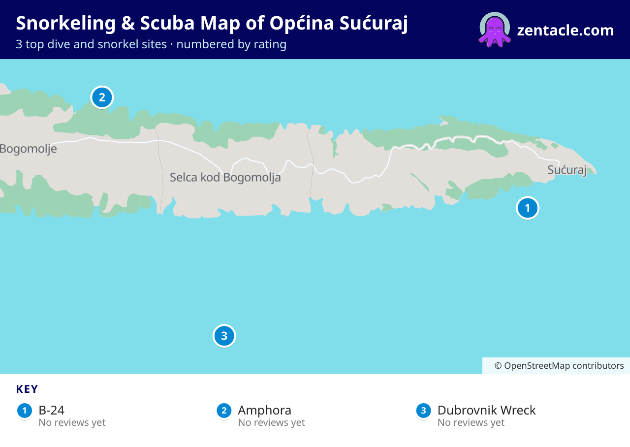 Snorkeling & Scuba Map of Općina Sućuraj: numbered map of the top 3 dive and snorkel sites, with ratings