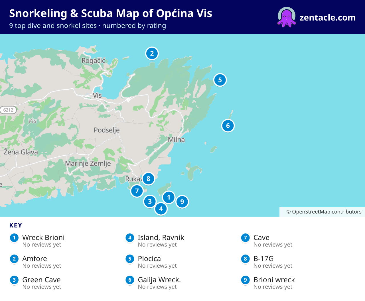 Snorkeling & Scuba Map of Općina Vis: numbered map of the top 9 dive and snorkel sites, with ratings
