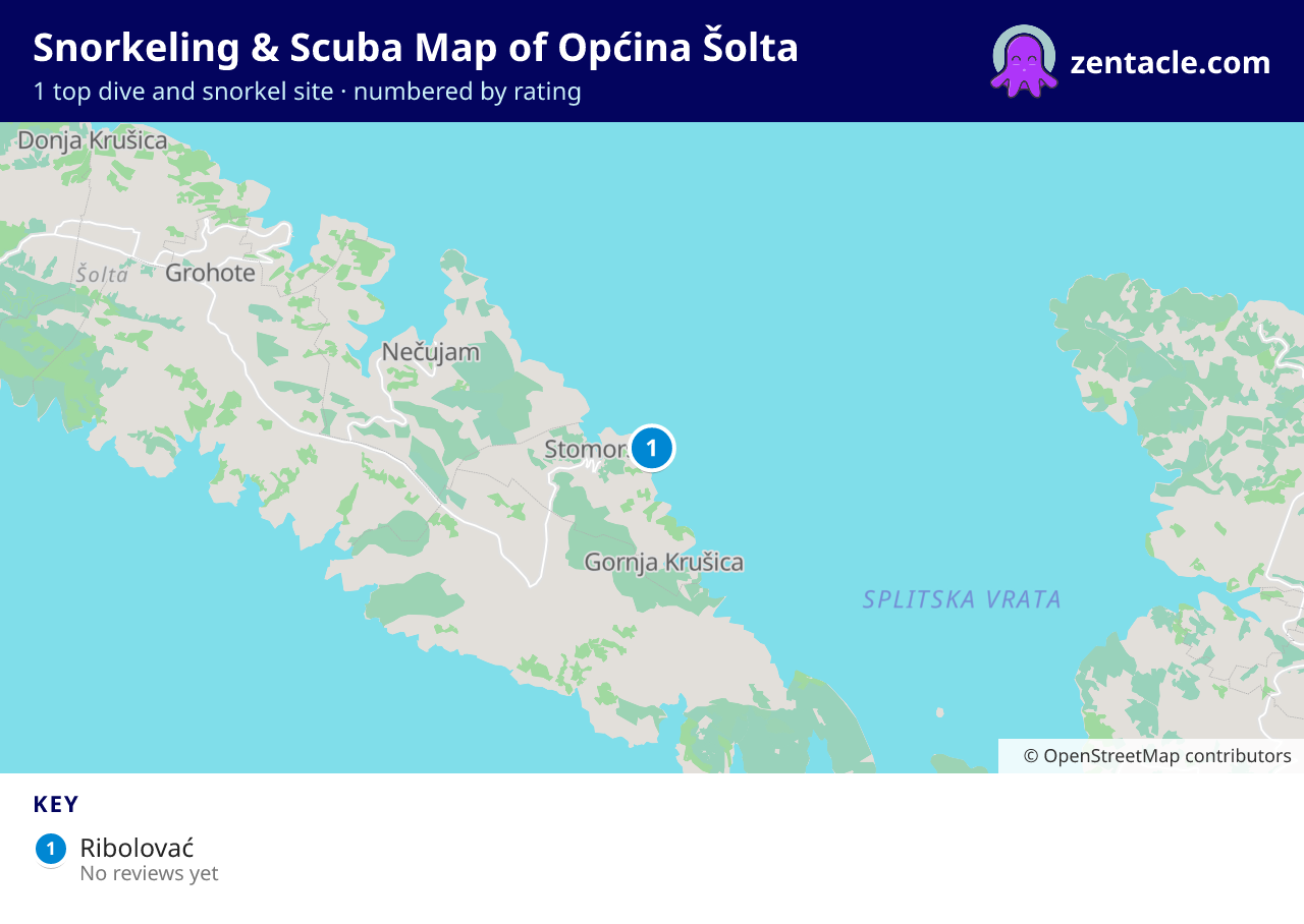 Snorkeling & Scuba Map of Općina Šolta: numbered map of the top 1 dive and snorkel sites, with ratings