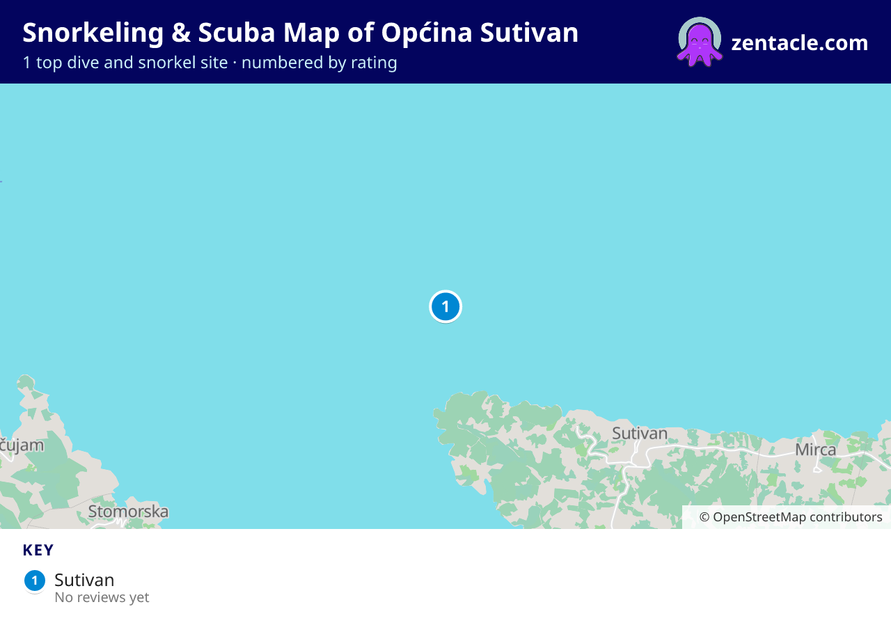 Snorkeling & Scuba Map of Općina Sutivan: numbered map of the top 1 dive and snorkel sites, with ratings