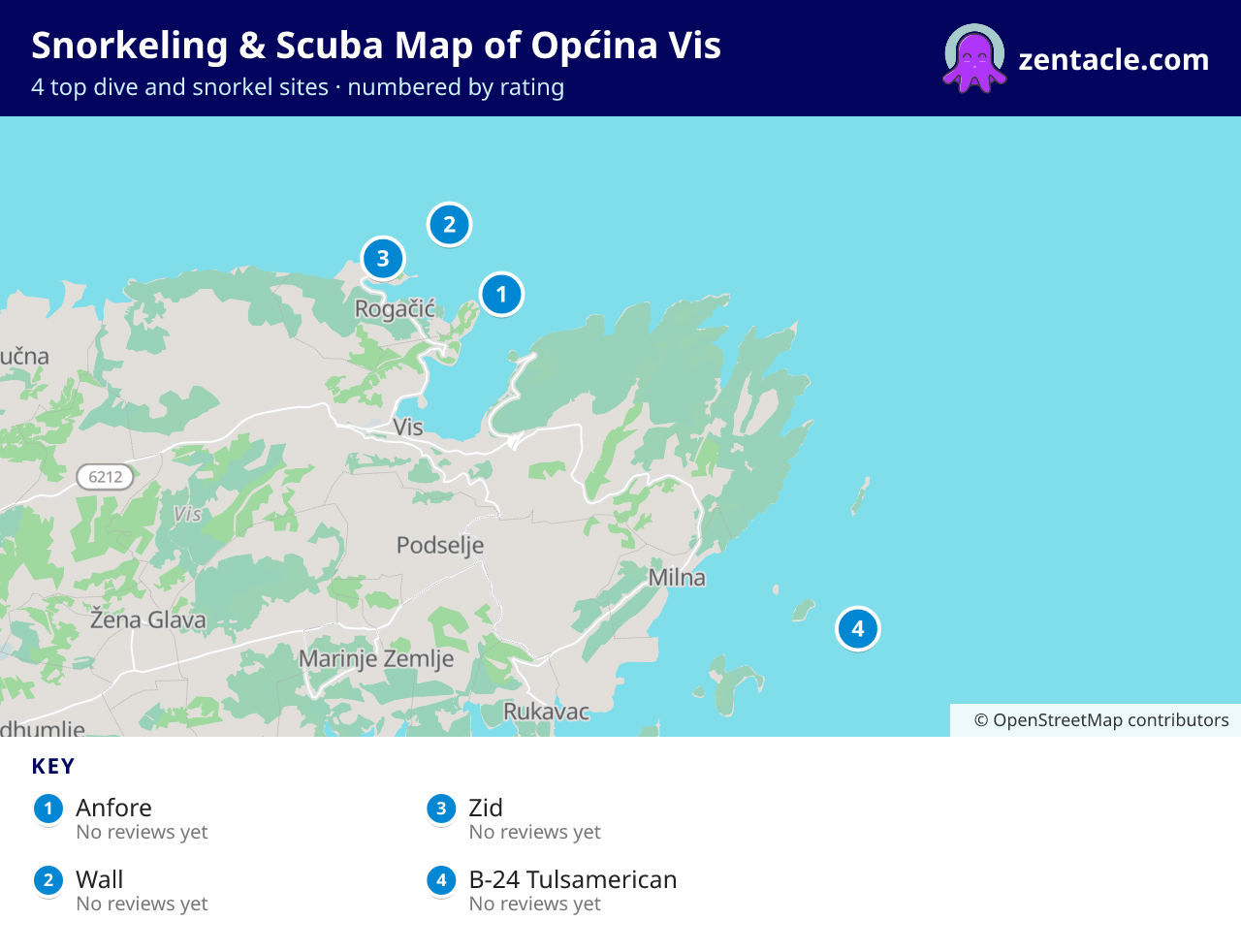 Snorkeling & Scuba Map of Općina Vis: numbered map of the top 4 dive and snorkel sites, with ratings