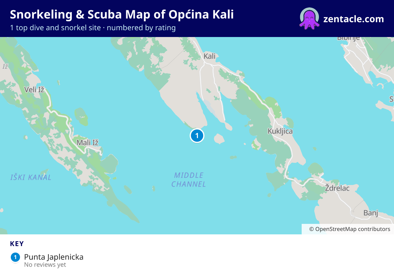 Snorkeling & Scuba Map of Općina Kali: numbered map of the top 1 dive and snorkel sites, with ratings