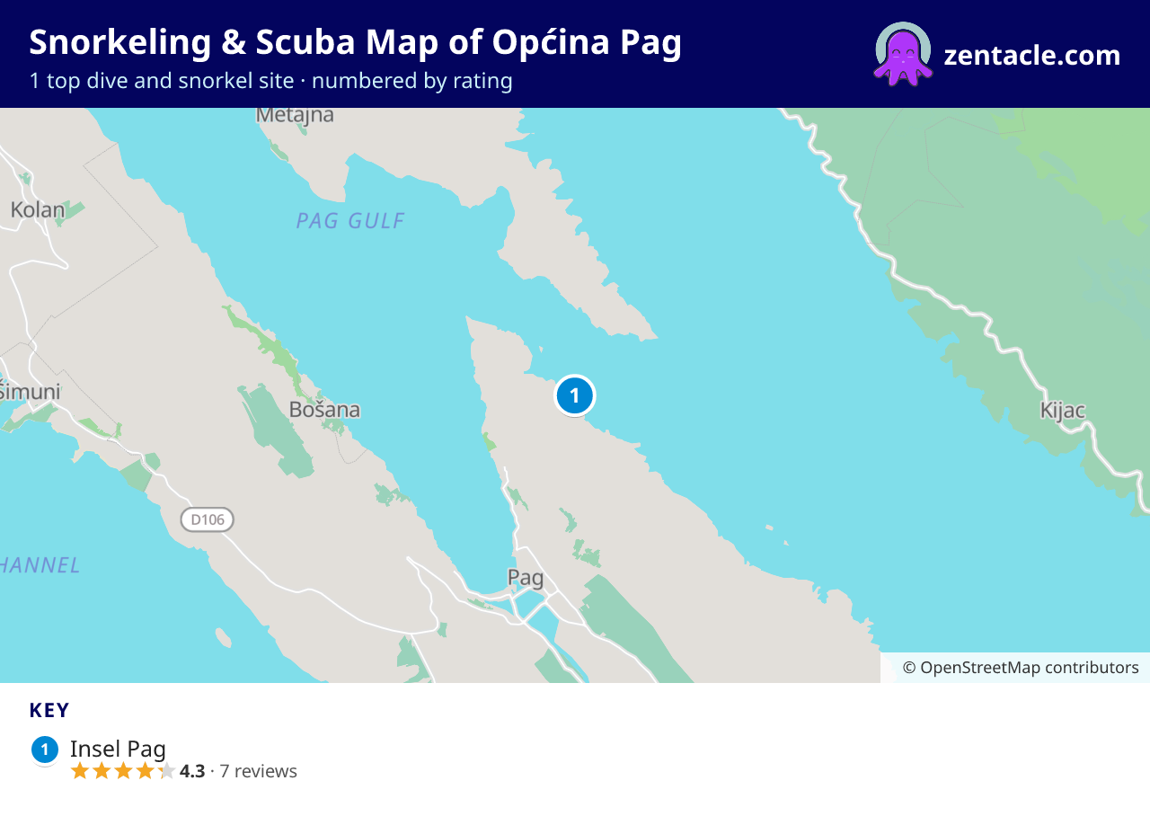 Snorkeling & Scuba Map of Općina Pag: numbered map of the top 1 dive and snorkel sites, with ratings