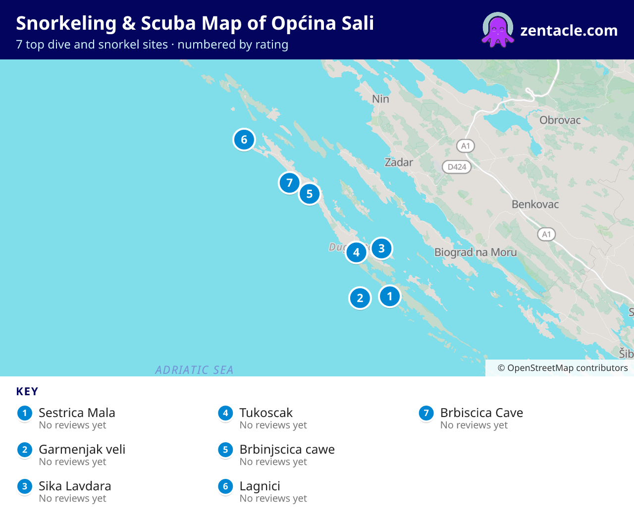 Snorkeling & Scuba Map of Općina Sali: numbered map of the top 7 dive and snorkel sites, with ratings
