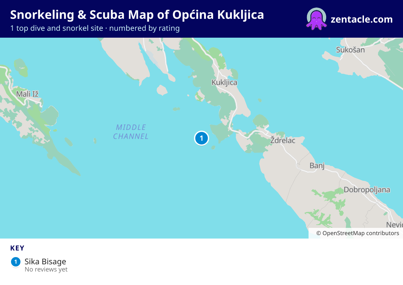 Snorkeling & Scuba Map of Općina Kukljica: numbered map of the top 1 dive and snorkel sites, with ratings