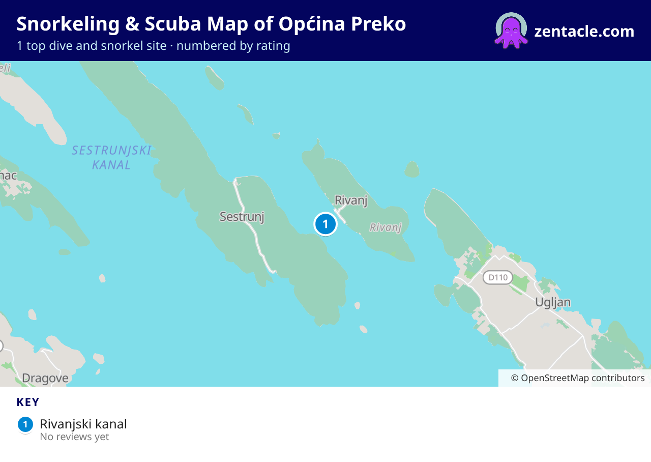 Snorkeling & Scuba Map of Općina Preko: numbered map of the top 1 dive and snorkel sites, with ratings