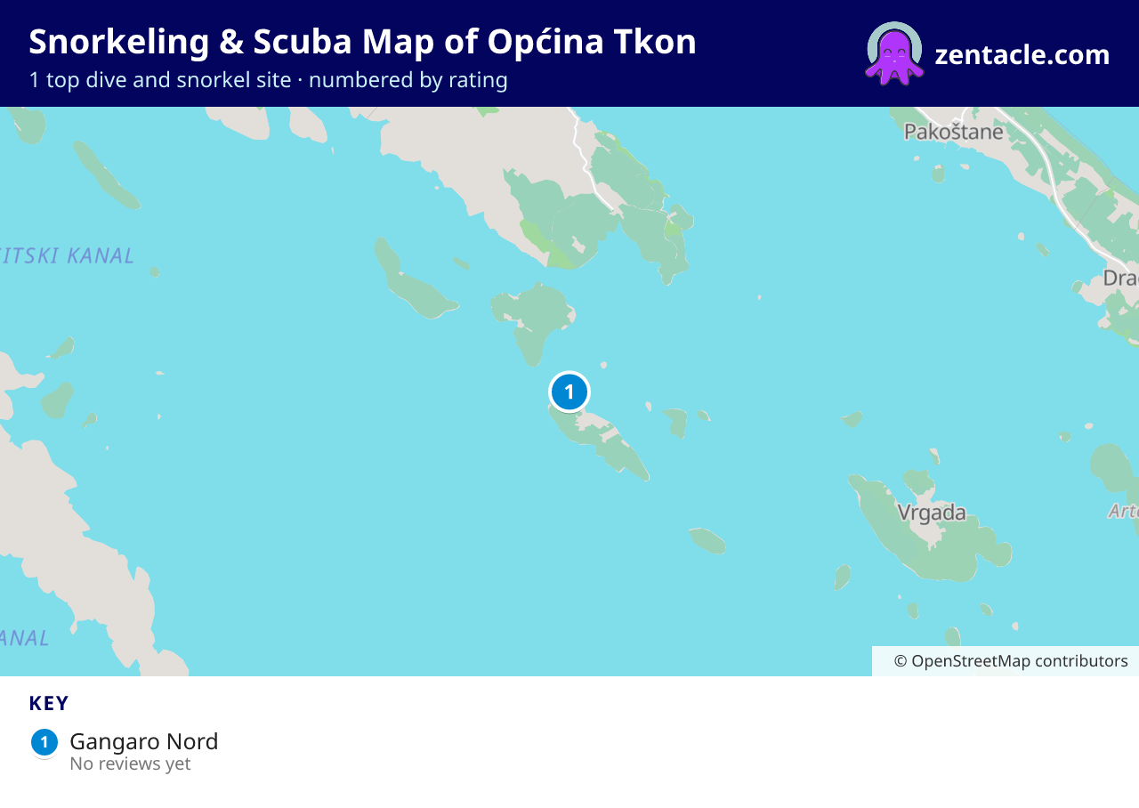 Snorkeling & Scuba Map of Općina Tkon: numbered map of the top 1 dive and snorkel sites, with ratings