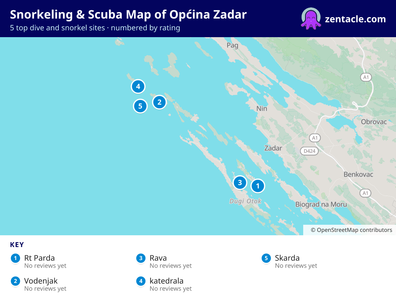 Snorkeling & Scuba Map of Općina Zadar: numbered map of the top 5 dive and snorkel sites, with ratings