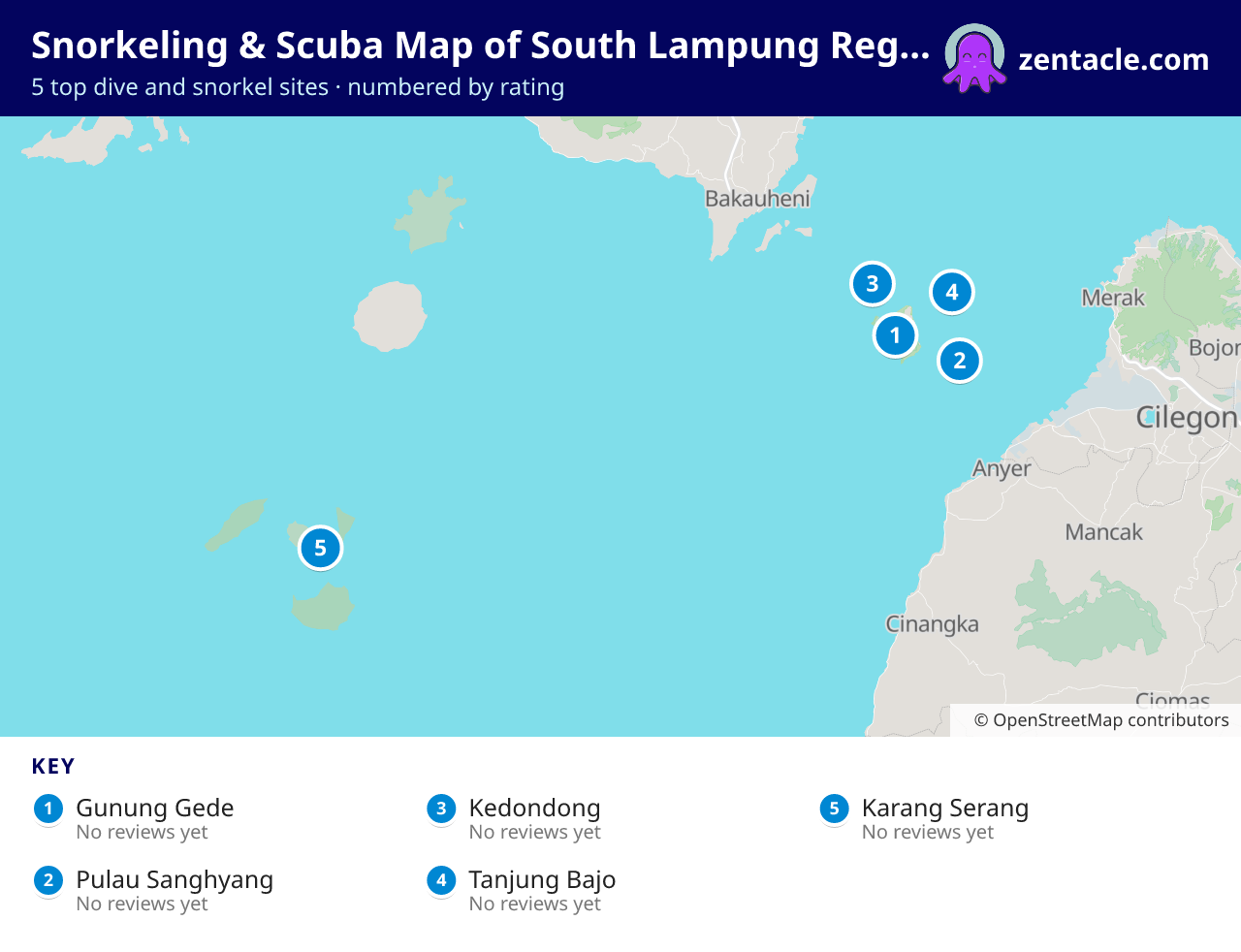 Snorkeling & Scuba Map of South Lampung Regency: numbered map of the top 5 dive and snorkel sites, with ratings