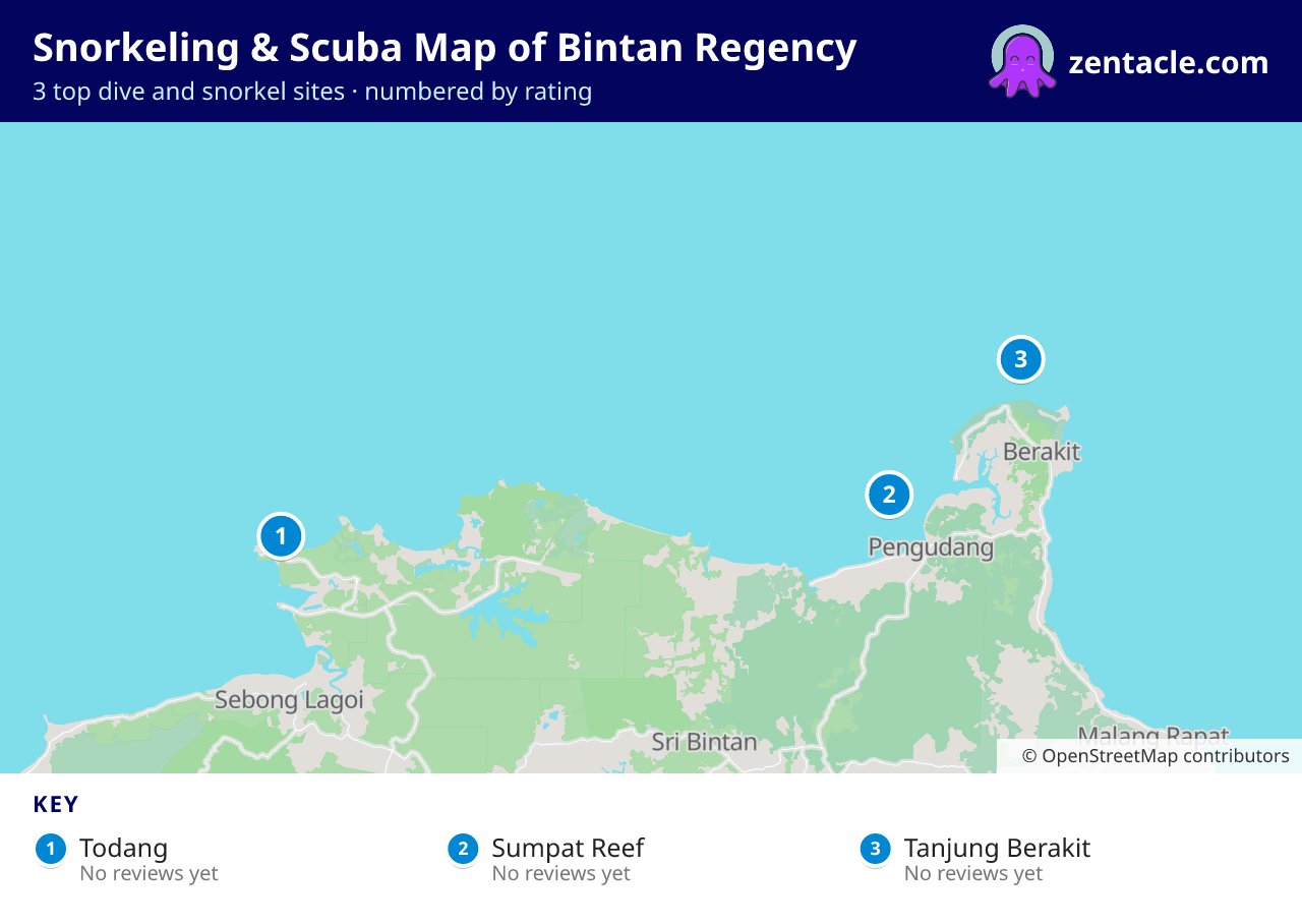 Snorkeling & Scuba Map of Bintan Regency: numbered map of the top 3 dive and snorkel sites, with ratings