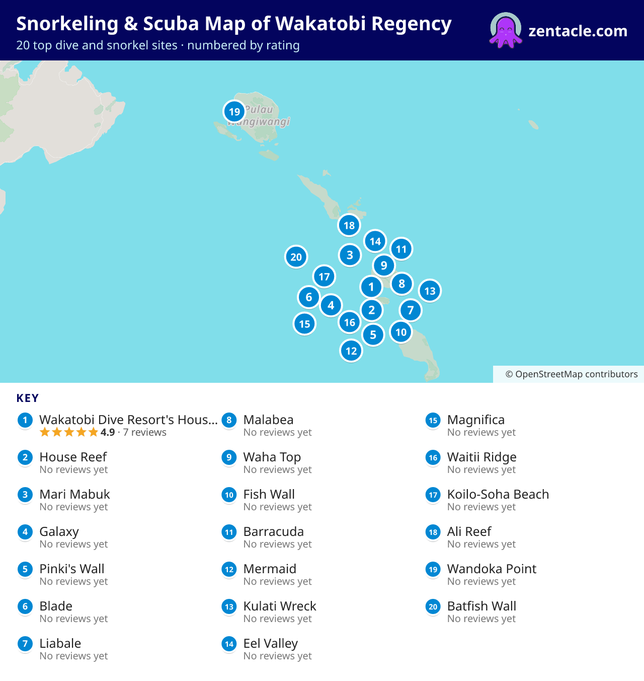 Snorkeling & Scuba Map of Wakatobi Regency: numbered map of the top 20 dive and snorkel sites, with ratings
