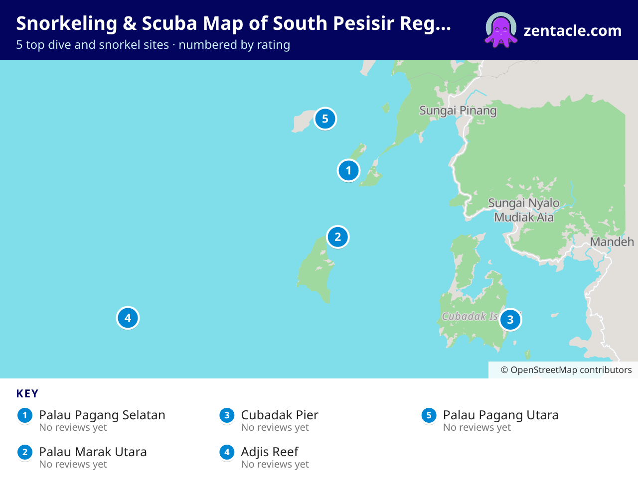 Snorkeling & Scuba Map of South Pesisir Regency: numbered map of the top 5 dive and snorkel sites, with ratings