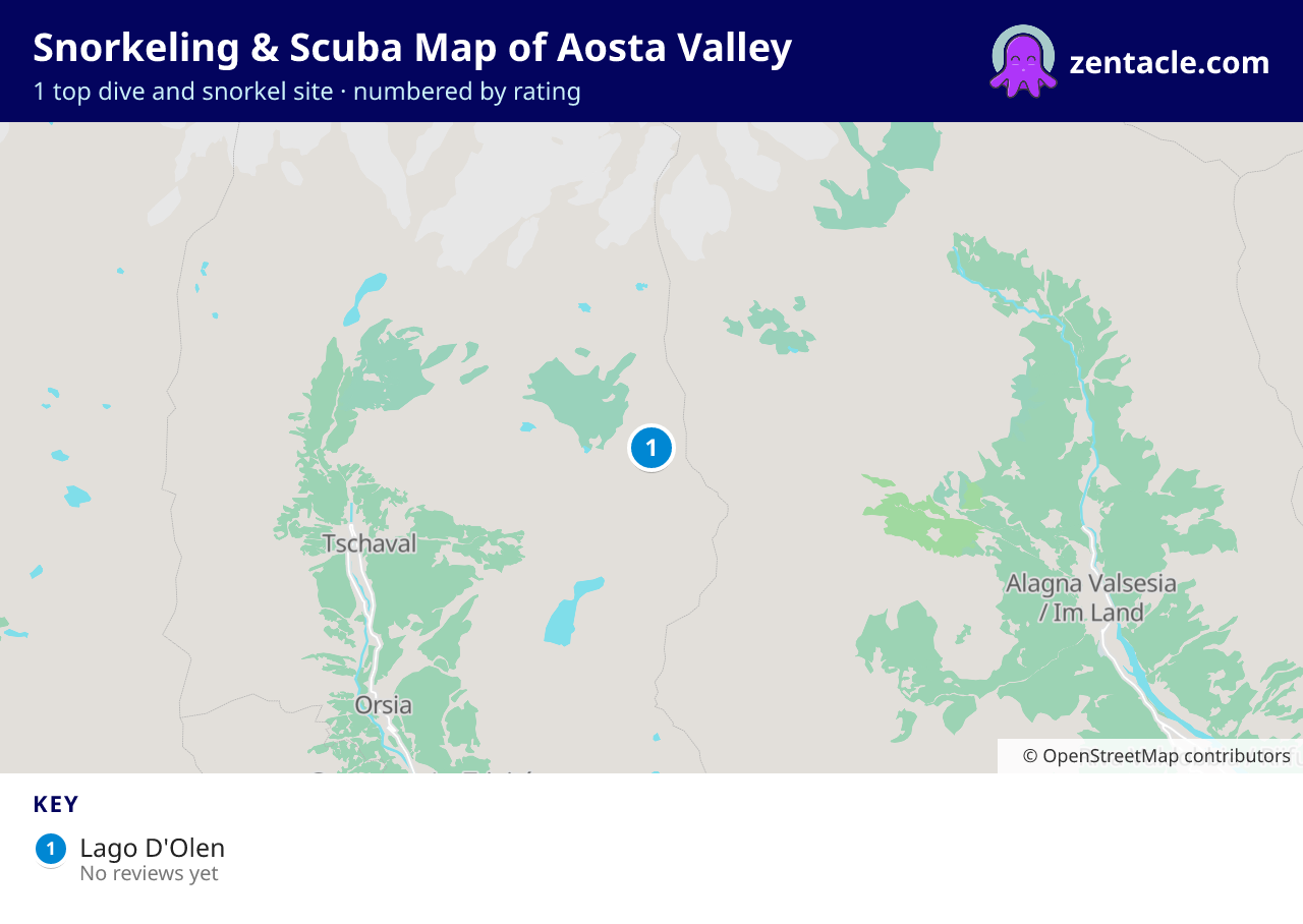 Snorkeling & Scuba Map of Aosta Valley: numbered map of the top 1 dive and snorkel sites, with ratings