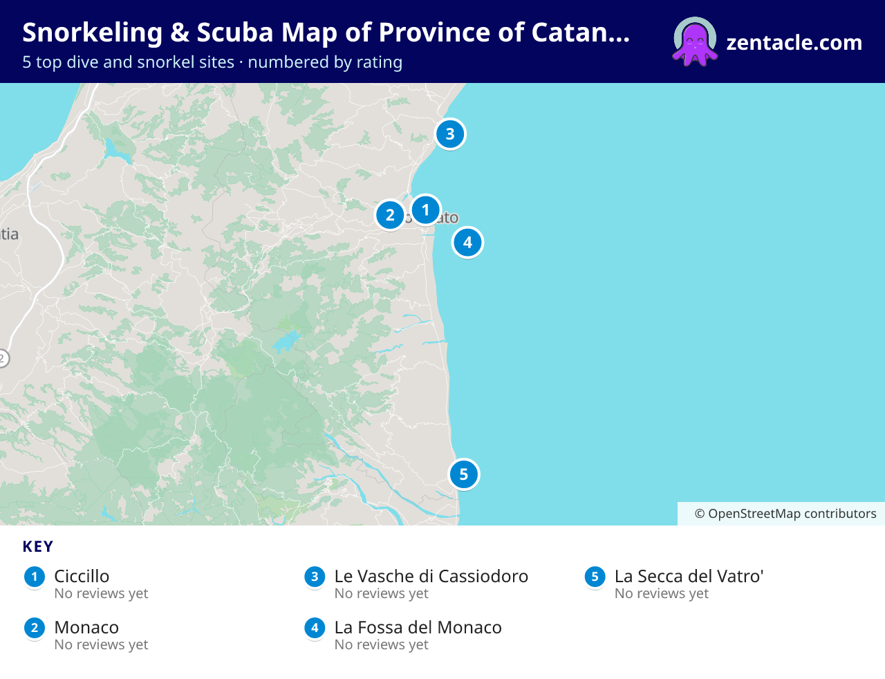 Snorkeling & Scuba Map of Province of Catanzaro: numbered map of the top 5 dive and snorkel sites, with ratings