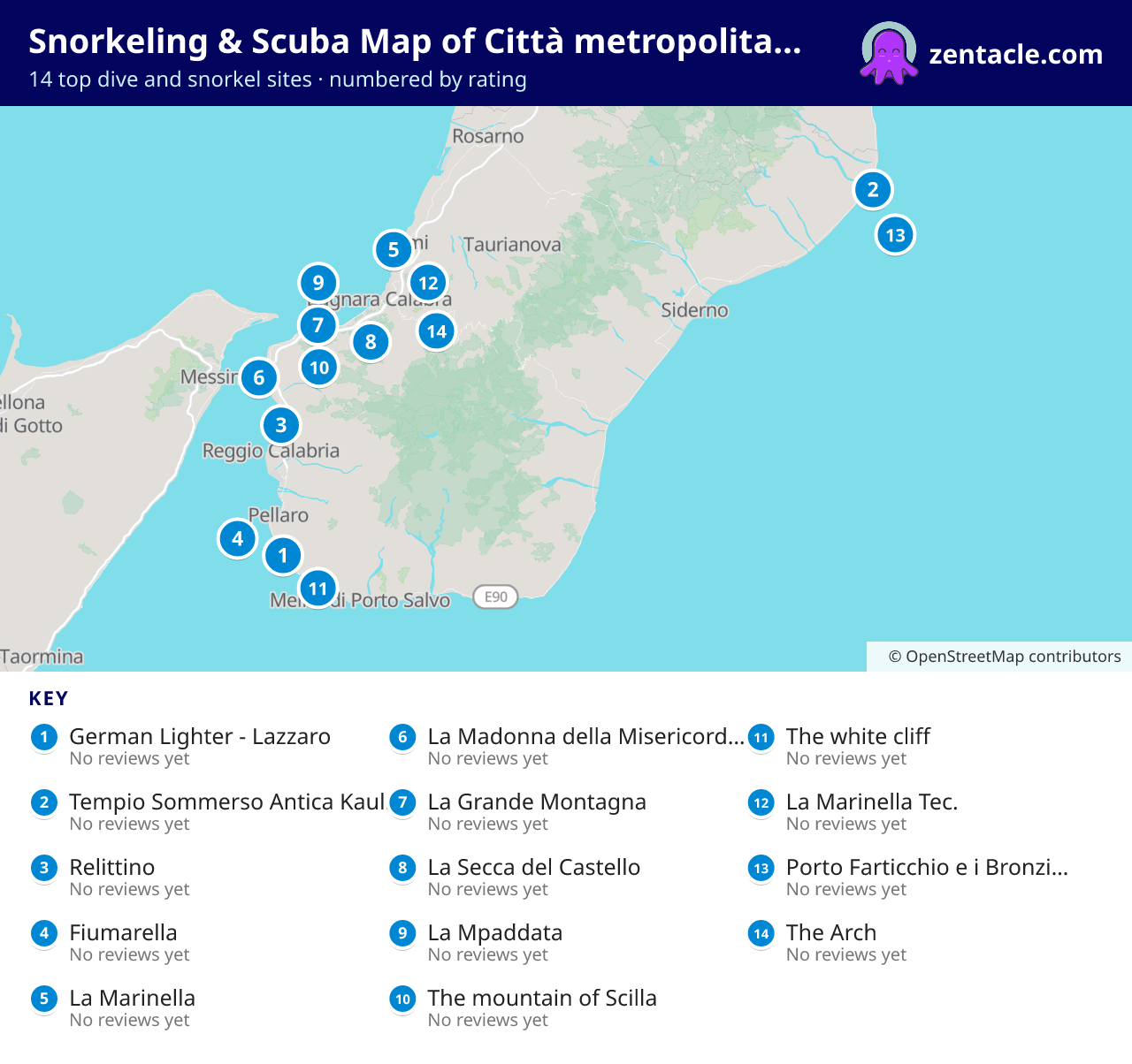 Snorkeling & Scuba Map of Città metropolitana di Reggio Calabria: numbered map of the top 14 dive and snorkel sites, with ratings