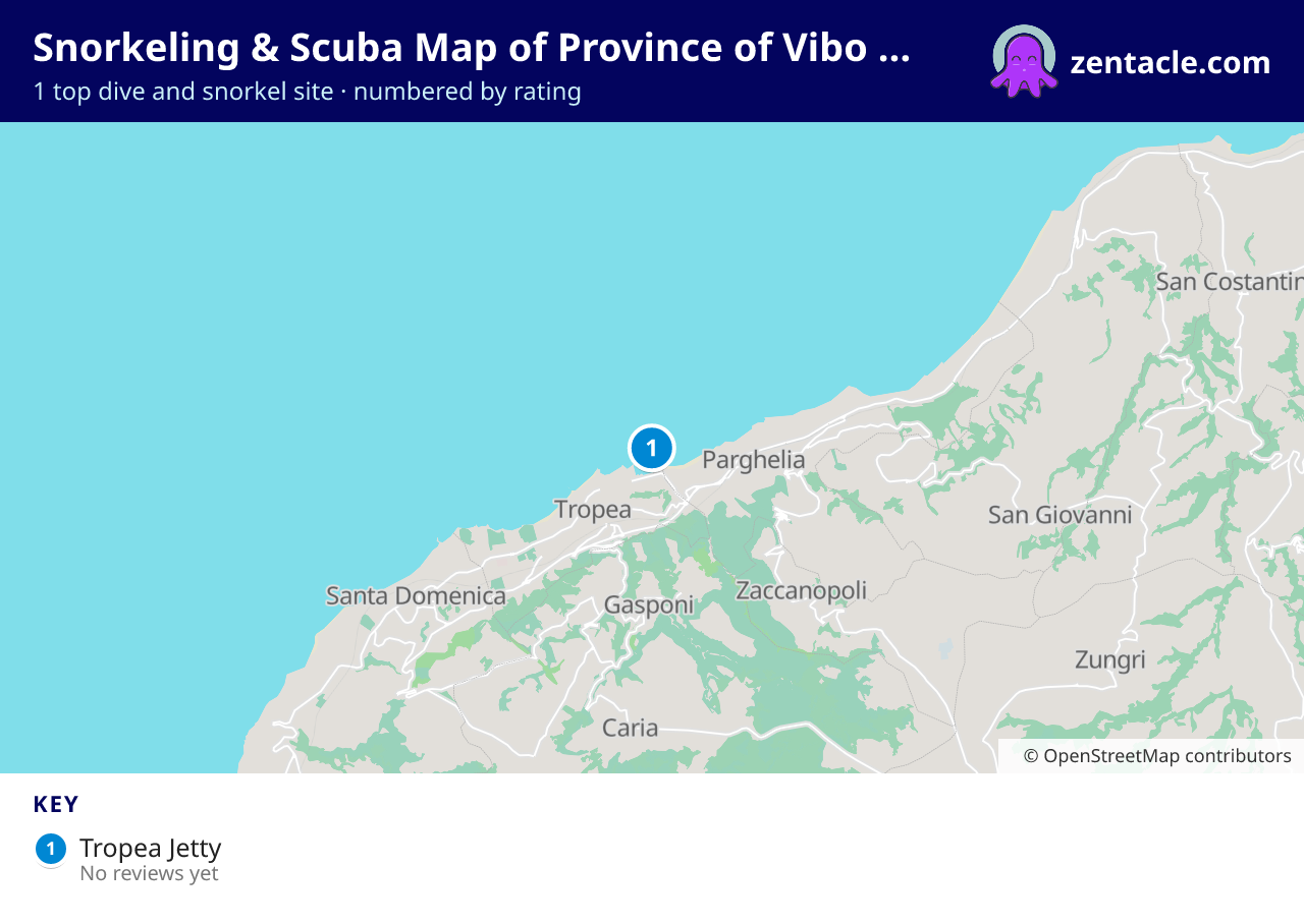 Snorkeling & Scuba Map of Province of Vibo Valentia: numbered map of the top 1 dive and snorkel sites, with ratings