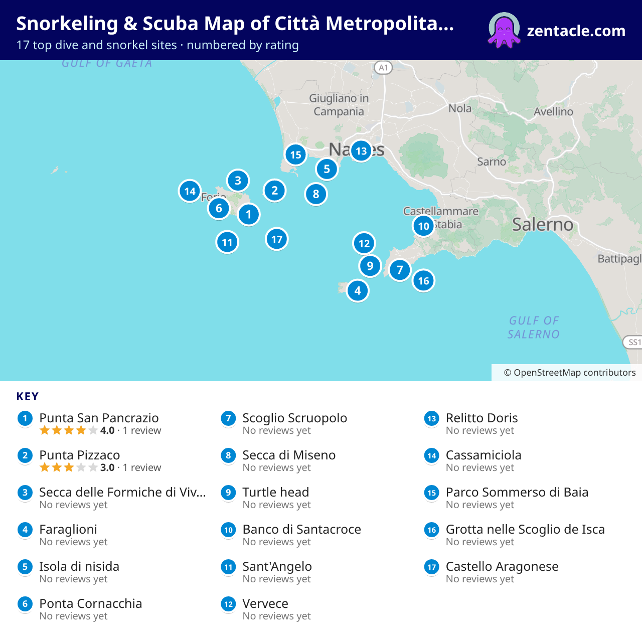 Snorkeling & Scuba Map of Città Metropolitana di Napoli: numbered map of the top 17 dive and snorkel sites, with ratings