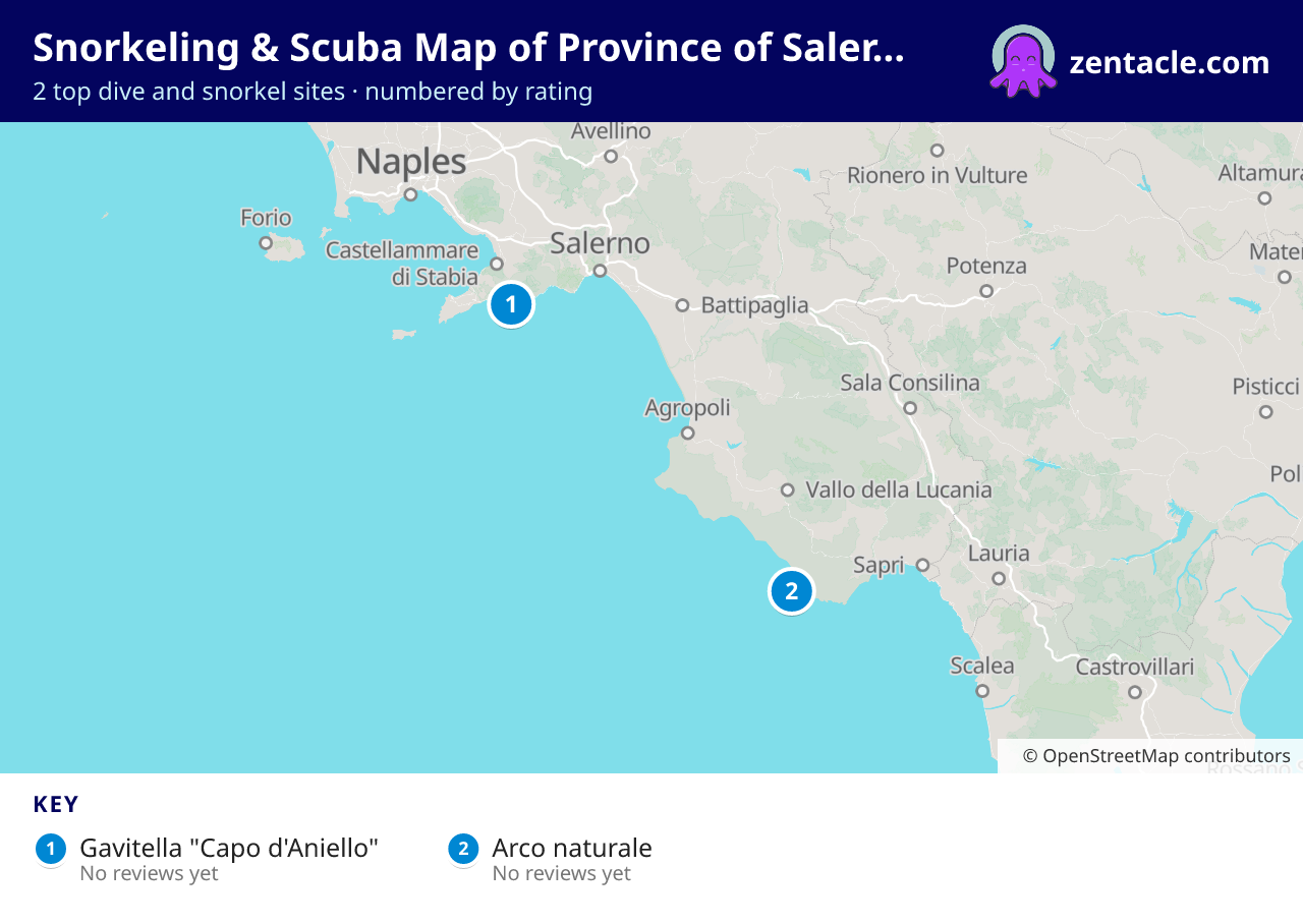 Snorkeling & Scuba Map of Province of Salerno: numbered map of the top 2 dive and snorkel sites, with ratings