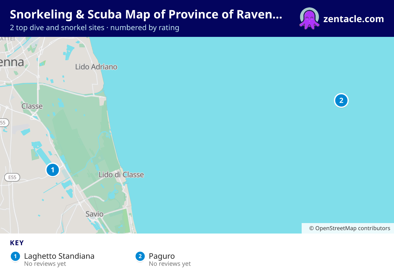 Snorkeling & Scuba Map of Province of Ravenna: numbered map of the top 2 dive and snorkel sites, with ratings