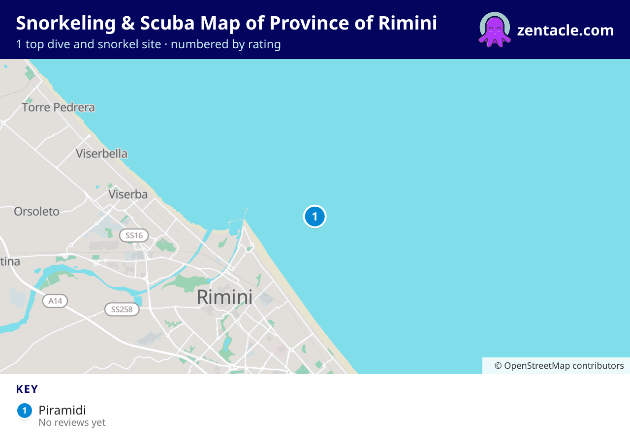 Snorkeling & Scuba Map of Province of Rimini: numbered map of the top 1 dive and snorkel sites, with ratings