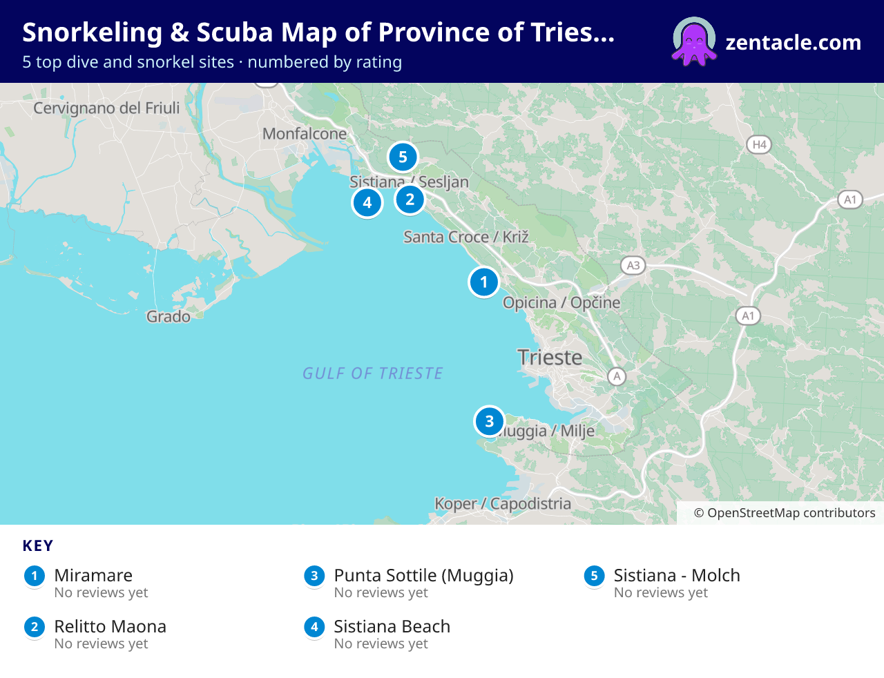 Snorkeling & Scuba Map of Province of Trieste: numbered map of the top 5 dive and snorkel sites, with ratings