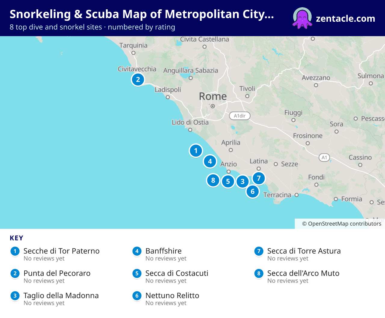 Snorkeling & Scuba Map of Metropolitan City of Rome: numbered map of the top 8 dive and snorkel sites, with ratings