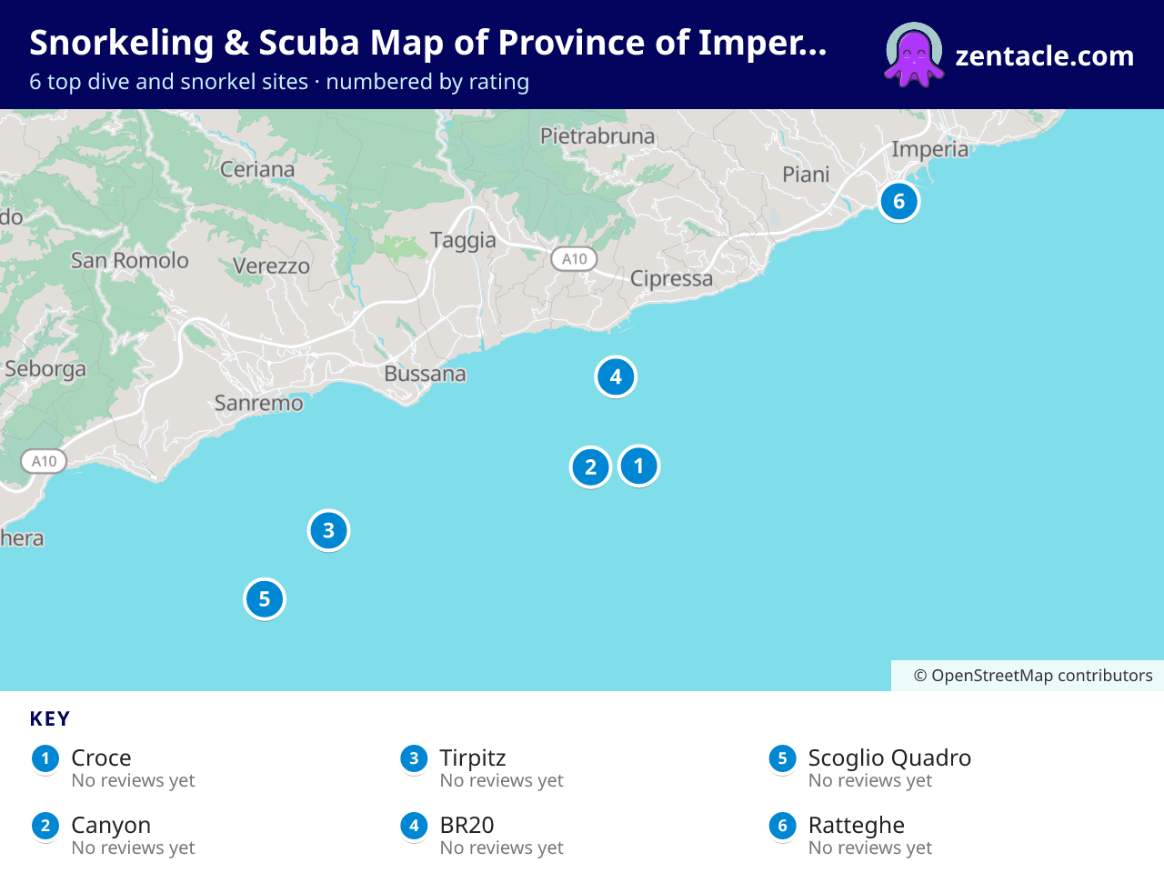 Snorkeling & Scuba Map of Province of Imperia: numbered map of the top 6 dive and snorkel sites, with ratings