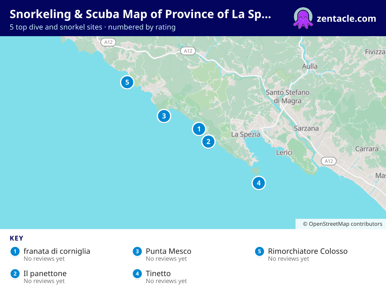 Snorkeling & Scuba Map of Province of La Spezia: numbered map of the top 5 dive and snorkel sites, with ratings