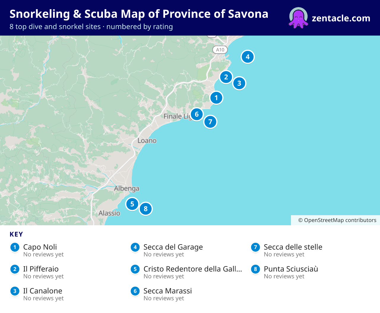 Snorkeling & Scuba Map of Province of Savona: numbered map of the top 8 dive and snorkel sites, with ratings